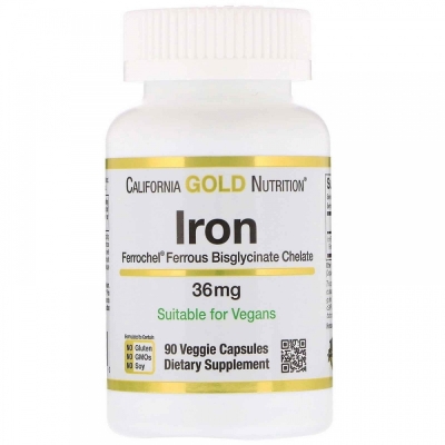 Витамины California Gold Nutrition Железо Ferrochel Bisglycinate 36 мг 90 капсул